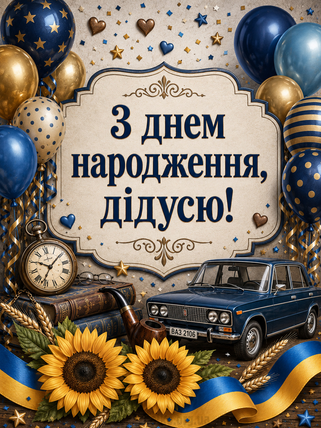 Святкова ретро-листівка дідусеві з автомобілем на день народження