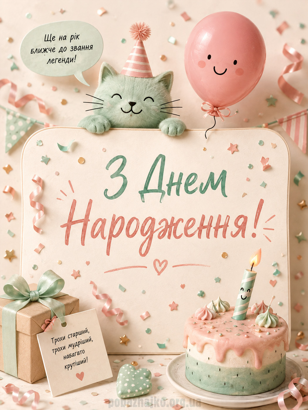 Весела листівка з днем народження з котиком