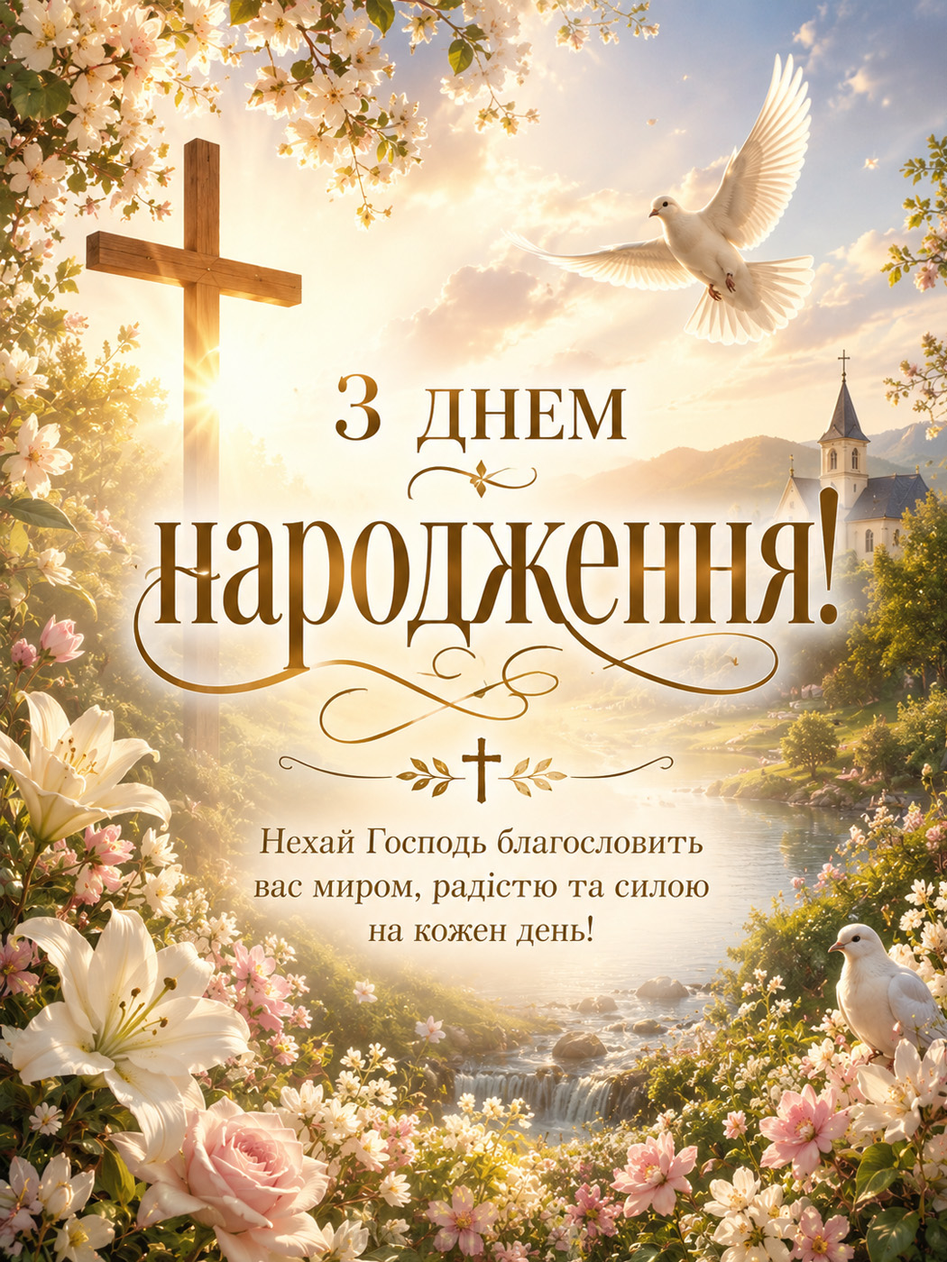 Світла християнська листівка з квітами та побажанням миру на день народження