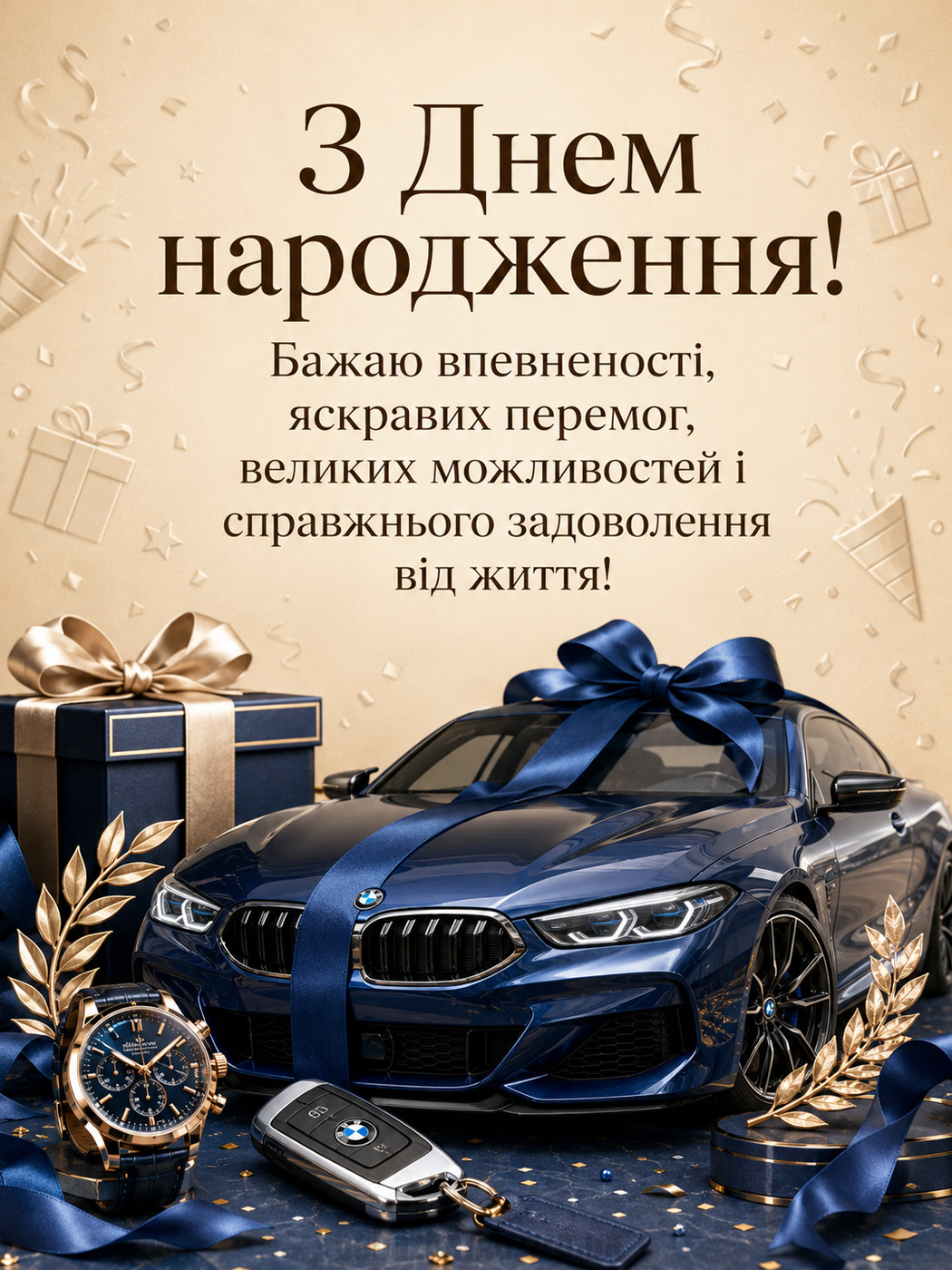 Стильна листівка хлопцю з днем народження з автомобілем