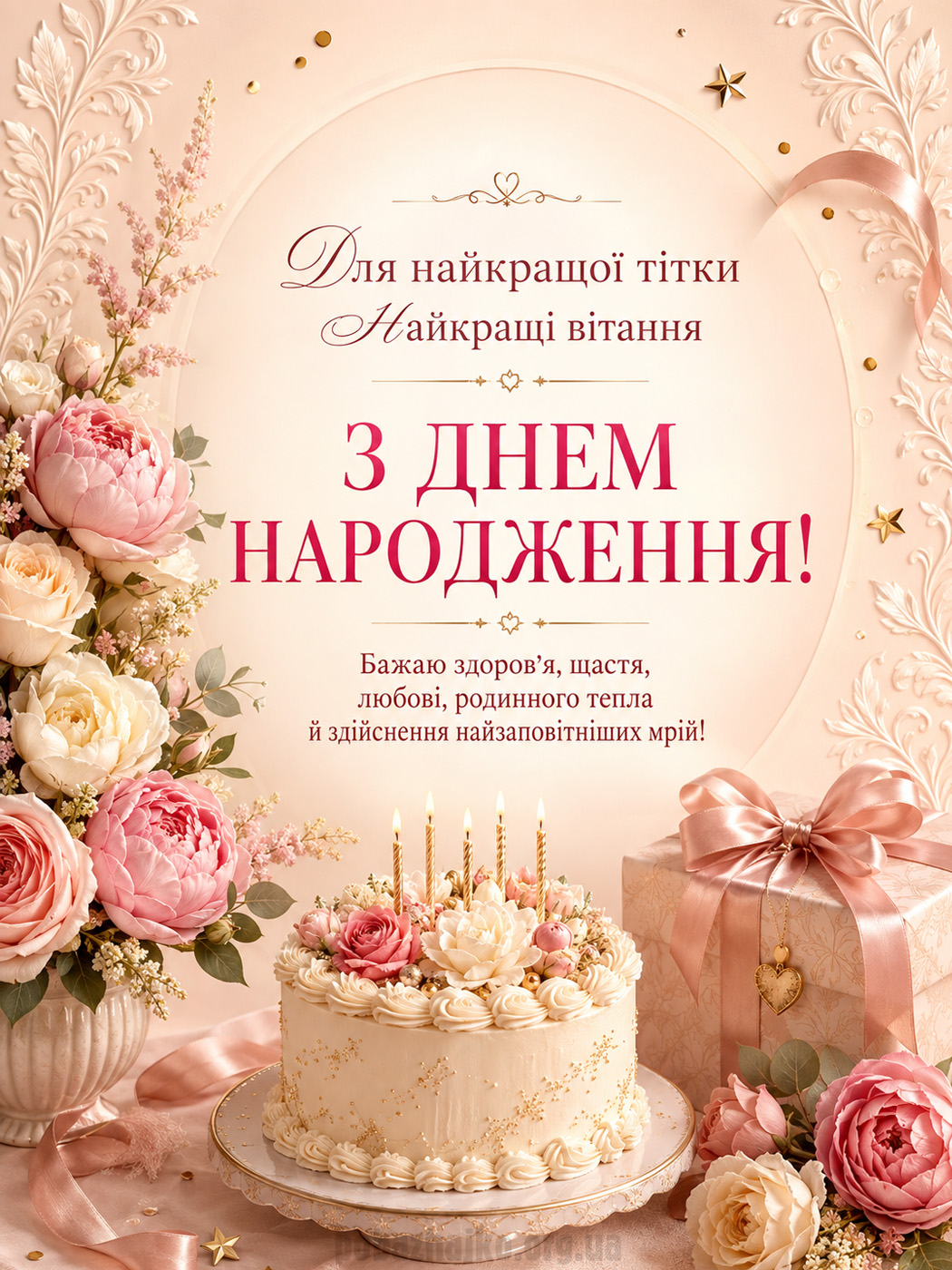 Листівка тітці з днем народження з тортом і квітами
