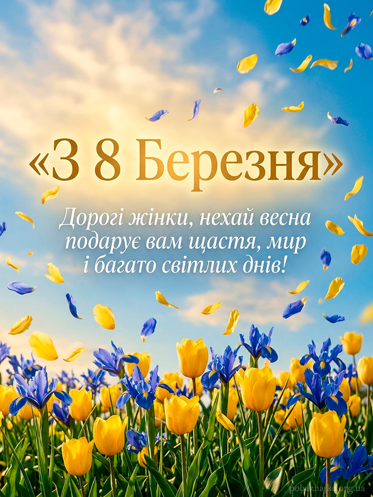 Патріотична листівка з квітами у синьо-жовтих тонах з побажанням миру з 8 Березня