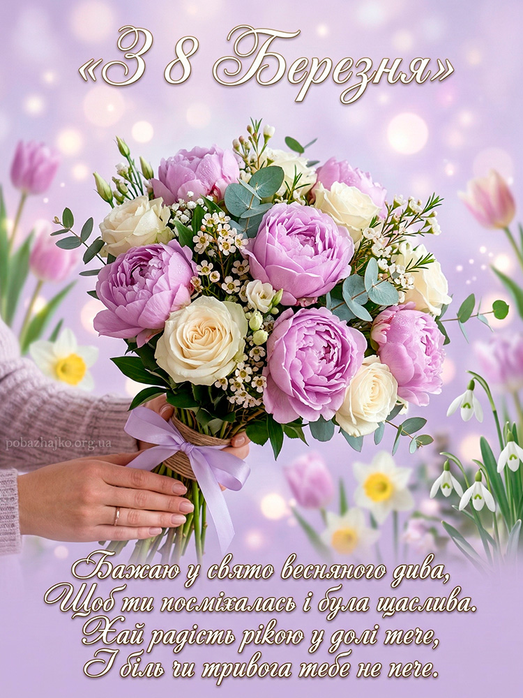 Ніжна листівка з 8 Березня з весняним букетом та віршованим привітанням