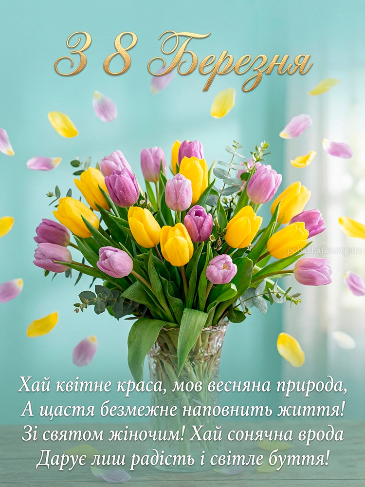 Яскрава листівка з 8 Березня з великим букетом квітів та щирими побажаннями