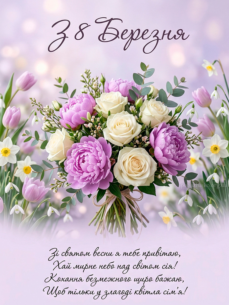 Святкова листівка з 8 Березня з весняним віршем, букетом троянд і півоній