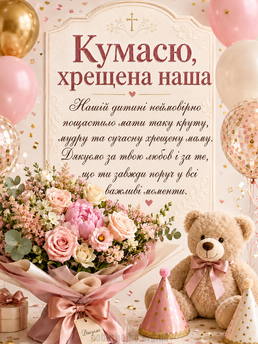 Листівка кумі та хрещеній мамі з подякою на День народження
