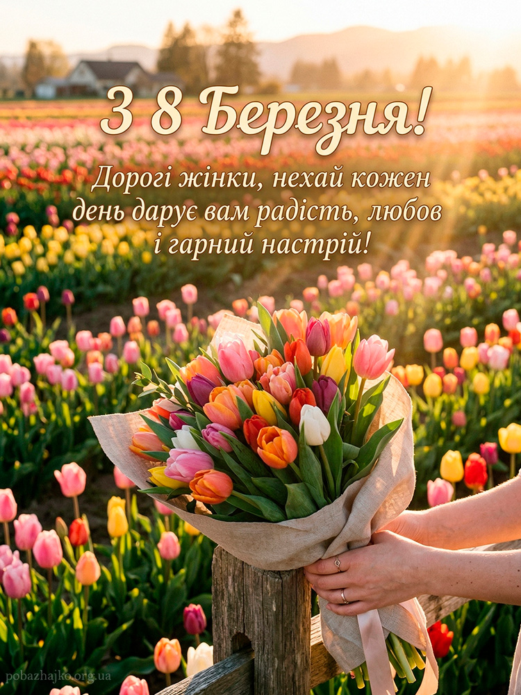 Фото у полі тюльпан з ніжним привітанням з 8 Березня для жінки