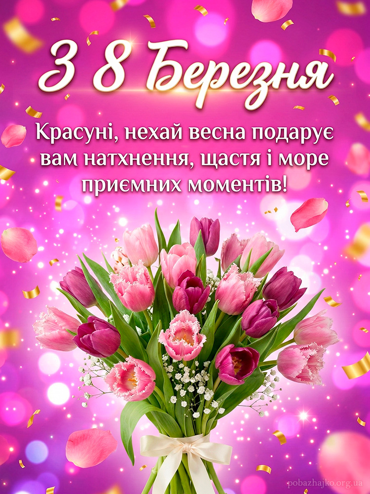 Дуже яскрава святкова картинка привітання з 8 Березня з квітами