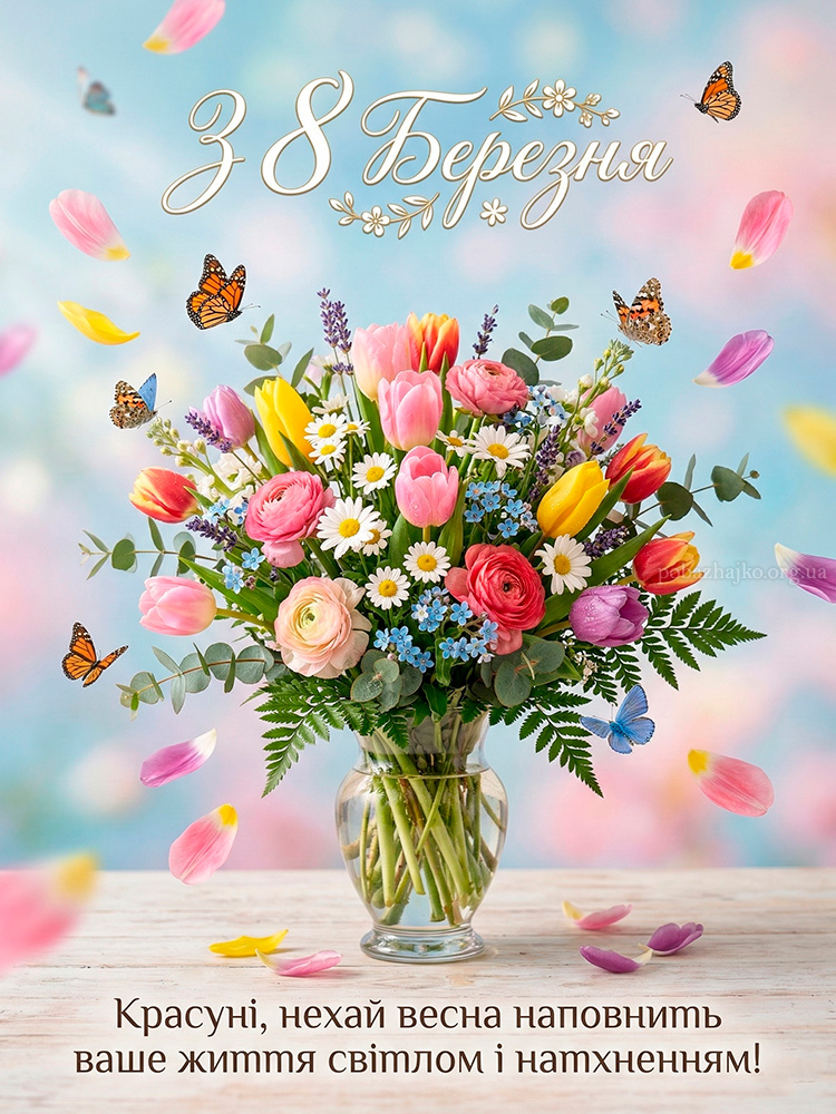 Красива картинка привітання з 8 Березня з метеликами та весняними квітами