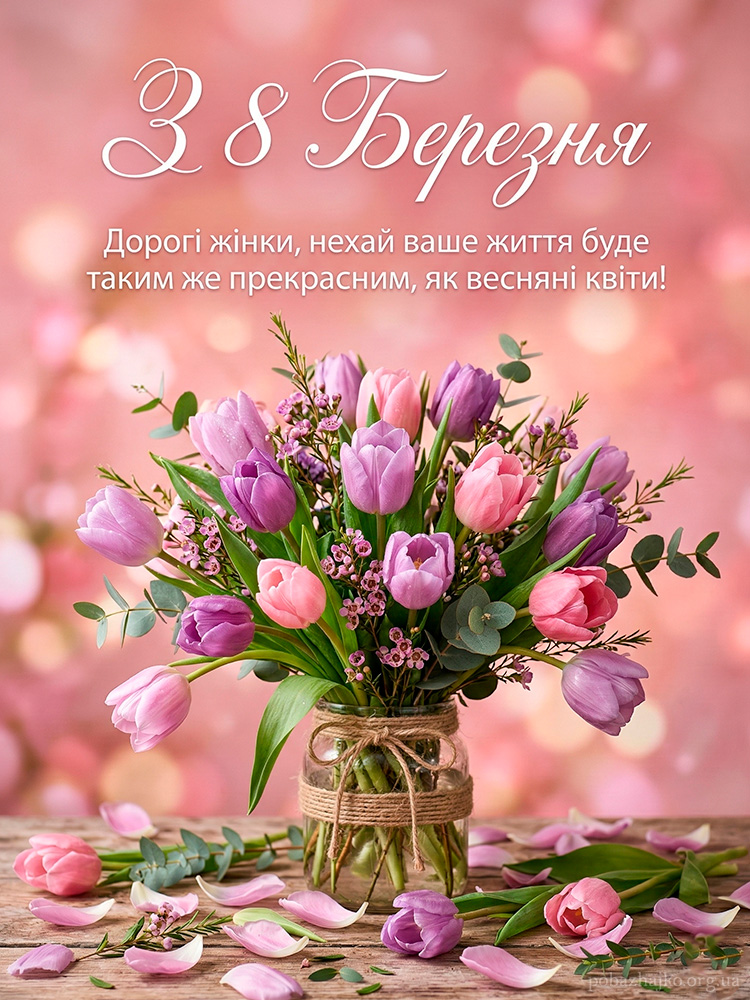 Красива весняна картинка з букетом квітів і коротким привітанням з 8 Березня
