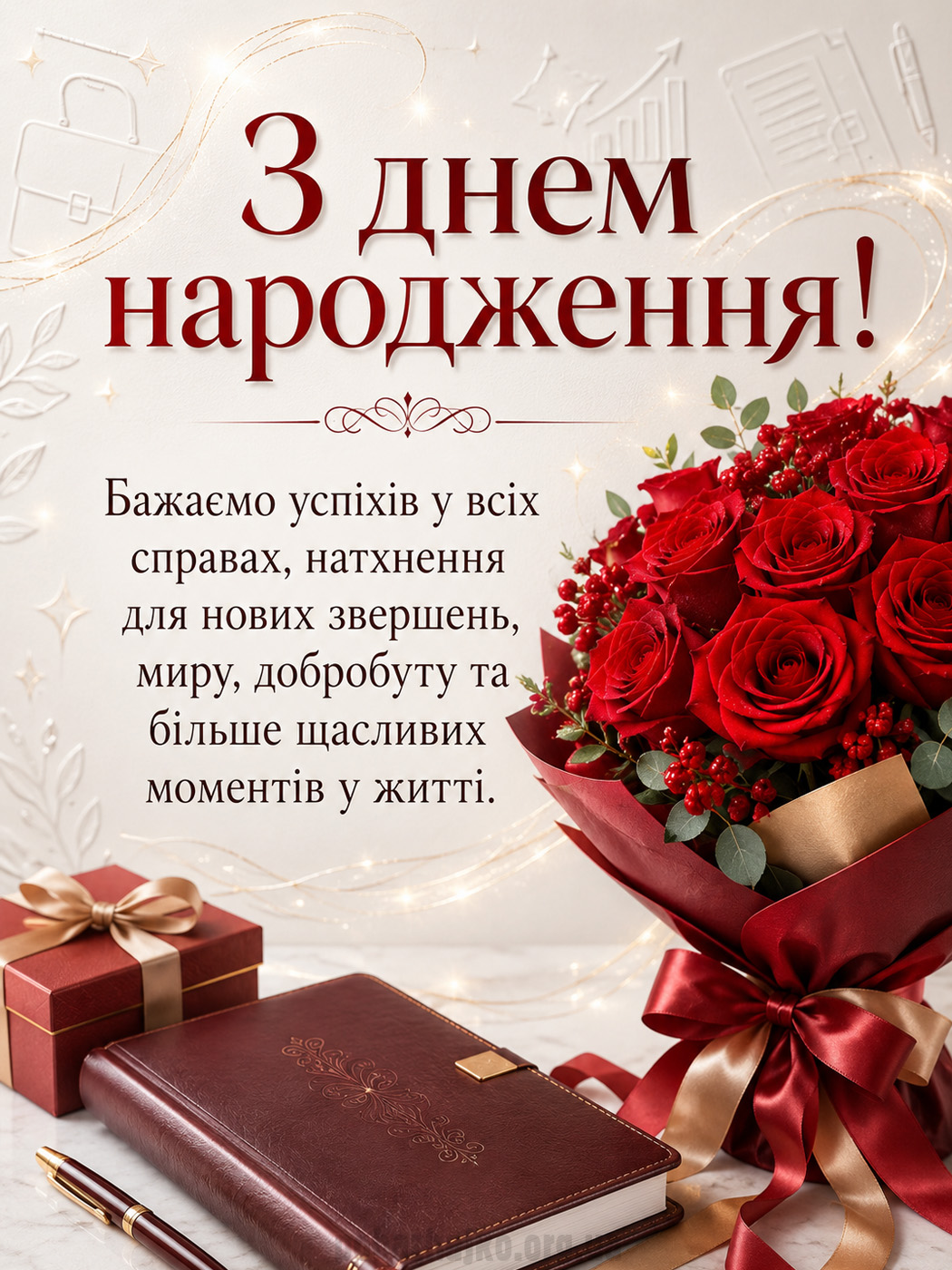 Святкова листівка начальниці з букетом червоних троянд