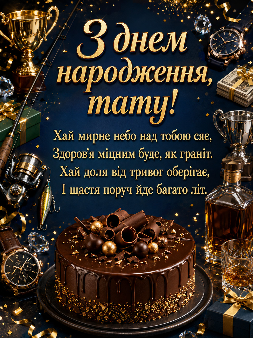 Солідна святкова листівка татові з віршем і тортом