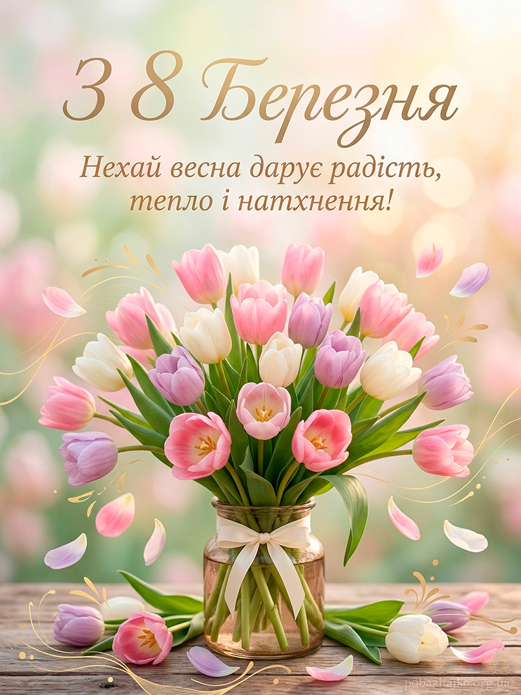 Красива листівка з 8 Березня з букетом тюльпанів у пастельних тонах та коротким привітанням