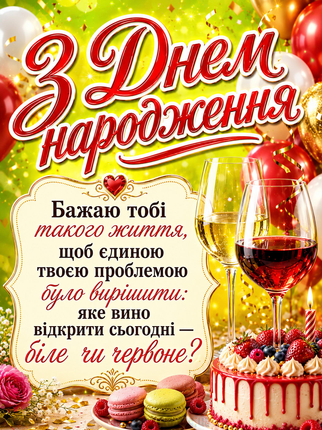 Яскрава жартівлива листівка кумі з келихом вина