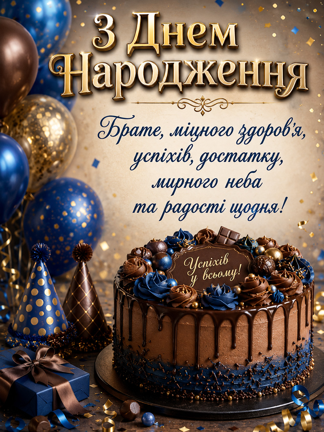 Листівка брату з Днем народження: торт і святкові кульки