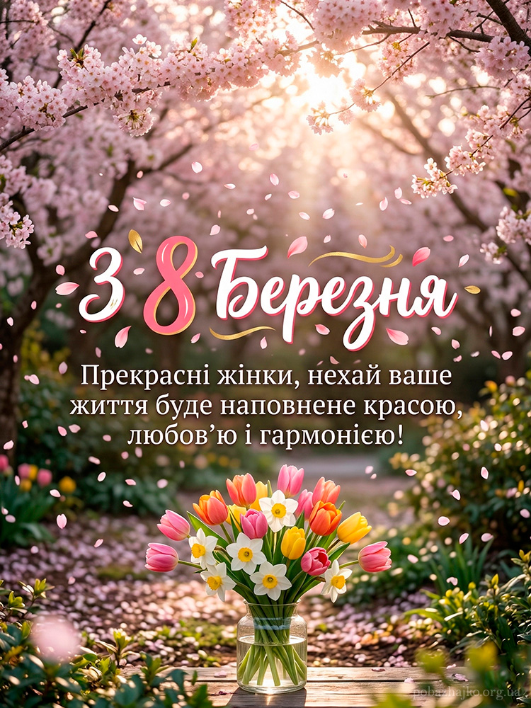 Затишна весняна листівка з цвітом сакури та тюльпанами з привітанням