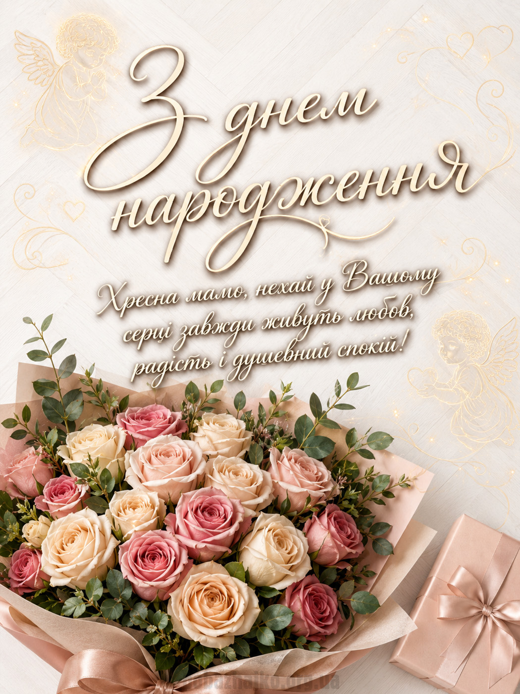 Ніжна листівка хрещеній мамі з букетом троянд