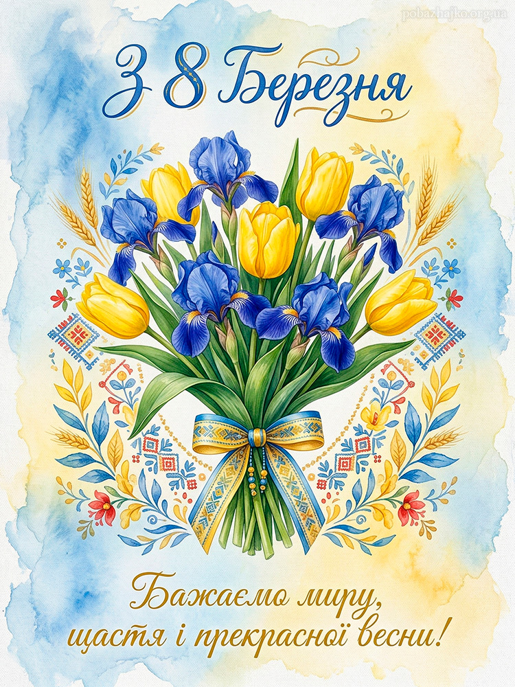 Патріотична листівка з 8 Березня у українському стилі з побажанням миру