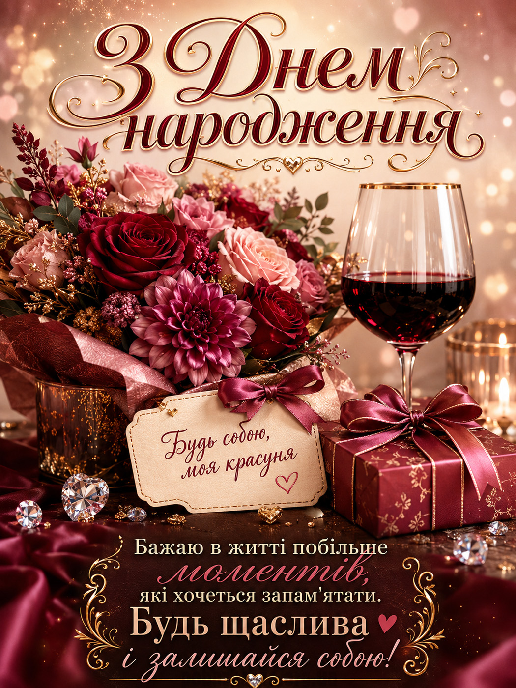 Затишна листівка подрузі з келихом вина на День народження