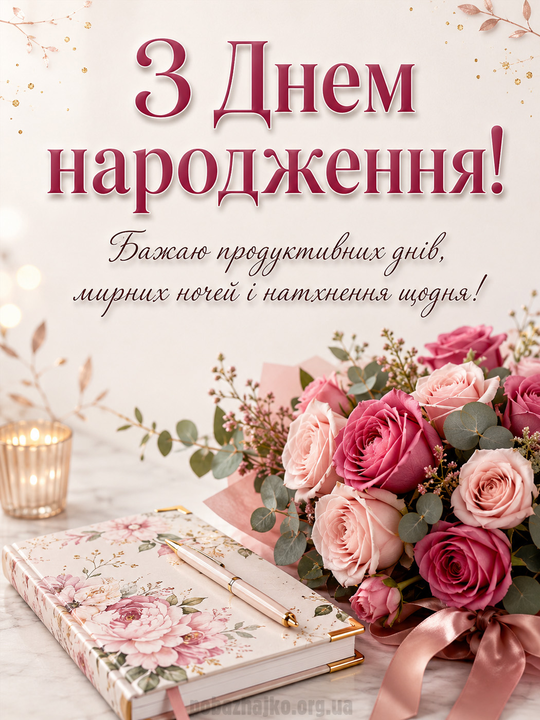 Світла рожева квіткова листівка колезі з днем народження