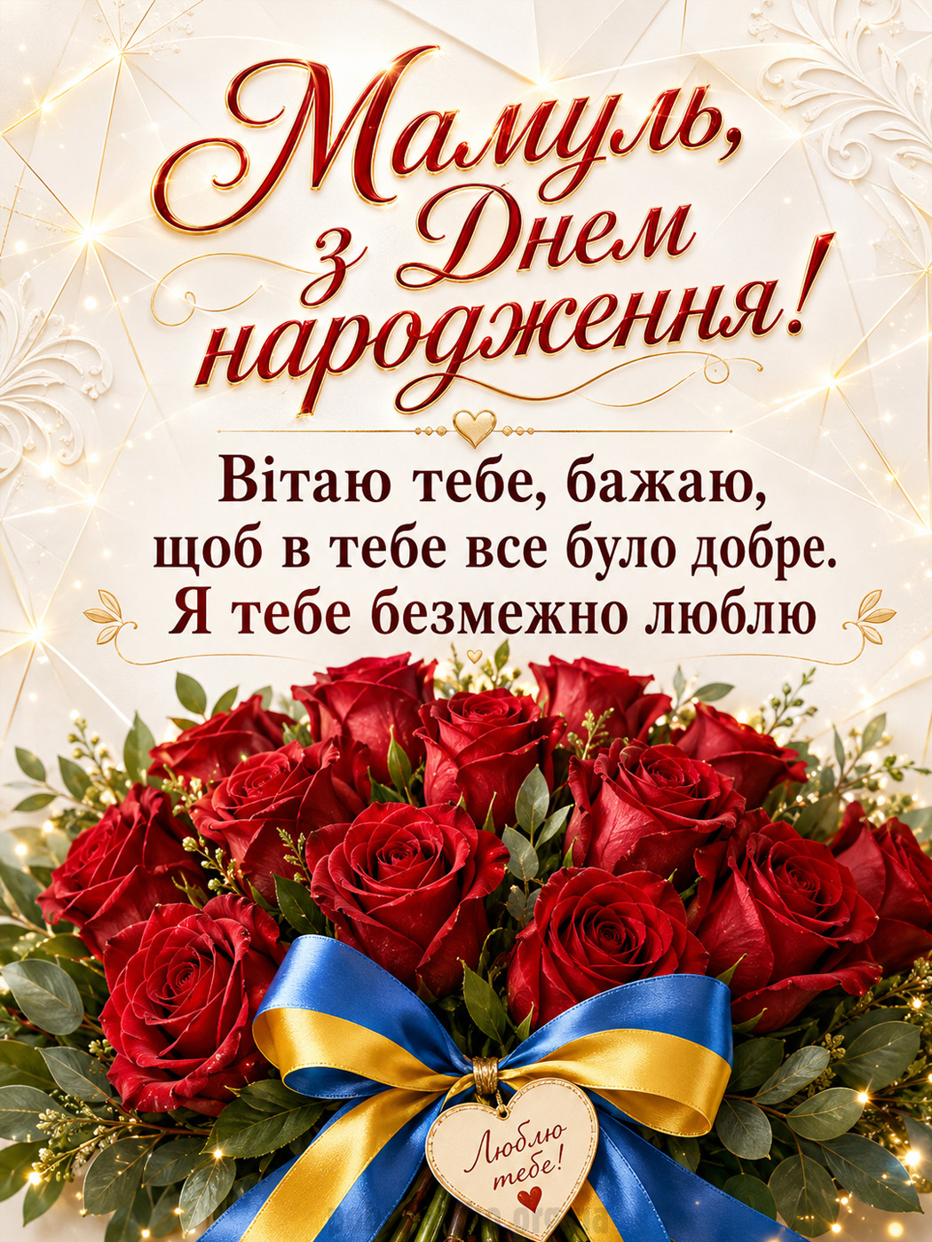 Святкова листівка мамі з трояндами і словами любові