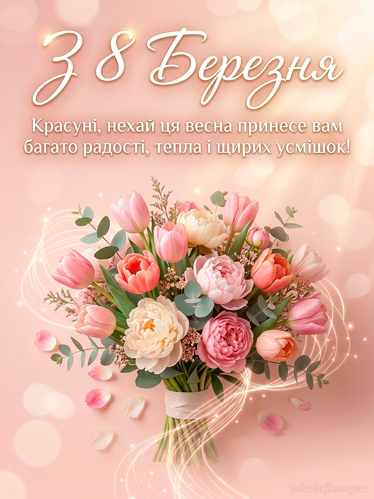 Рожева святкова картинка з 8 Березня з розами та піонами у ніжній магічній атмосфері