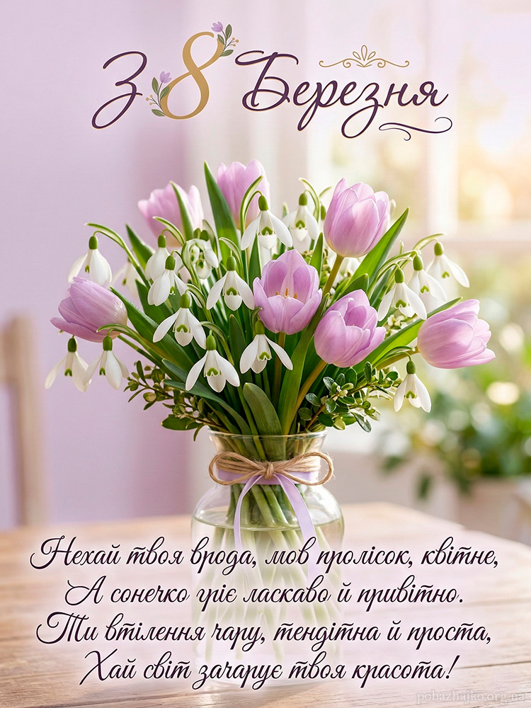 Ніжна весняна листівка з підсніжниками і тюльпанами до Міжнародного жіночого дня