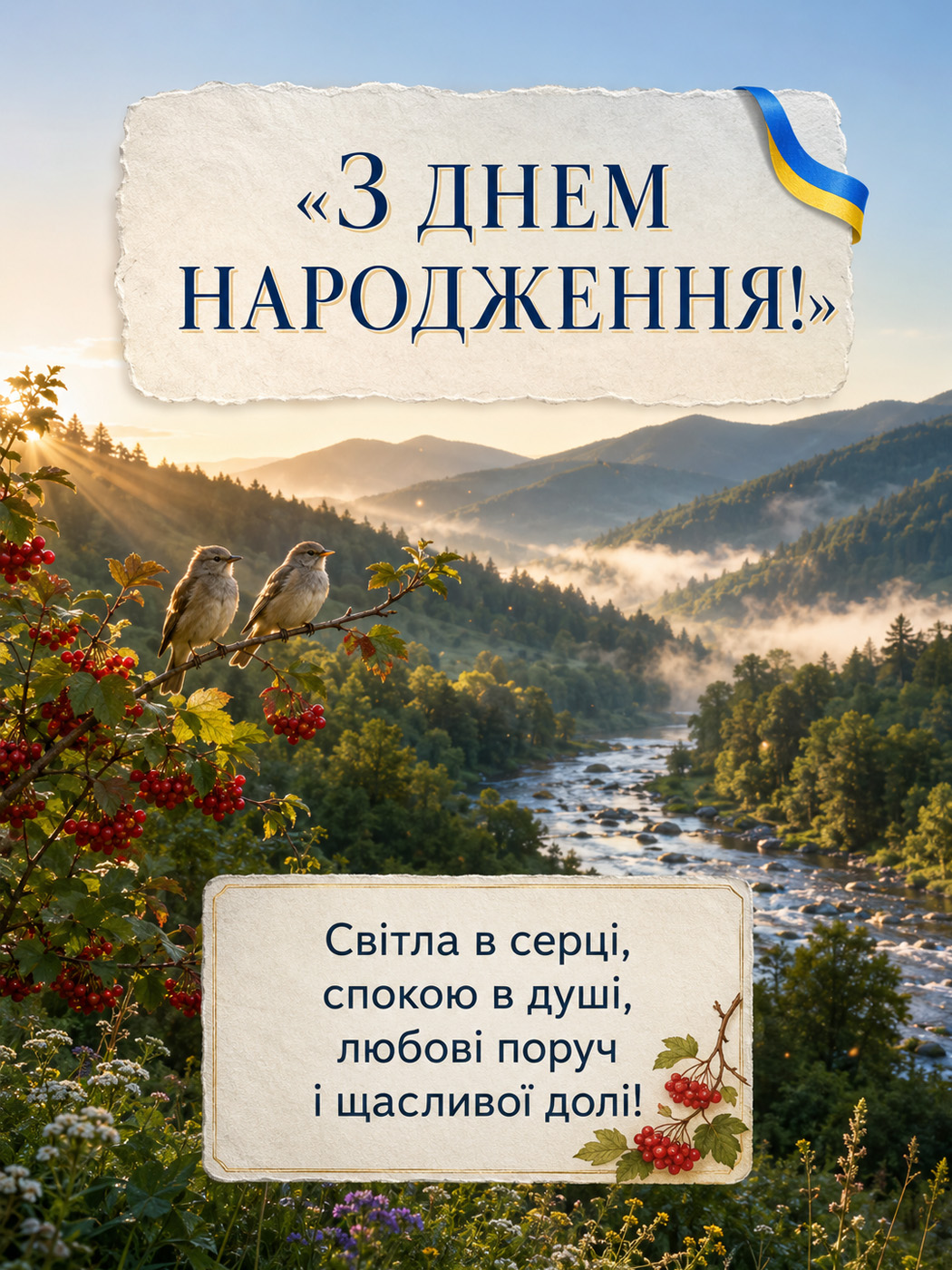 Українська листівка з днем народження з природою, птахами та щирим привітанням