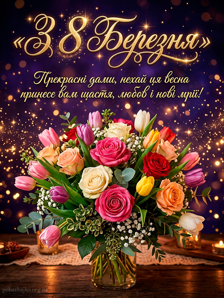 Святкова вечірня картинка з букетом квітів та привітанням з 8 Березня